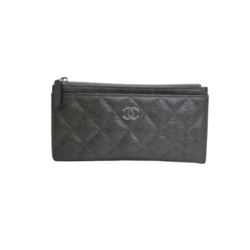 Chanel Grey Camellia Quilted Lambskin Zip Pouch