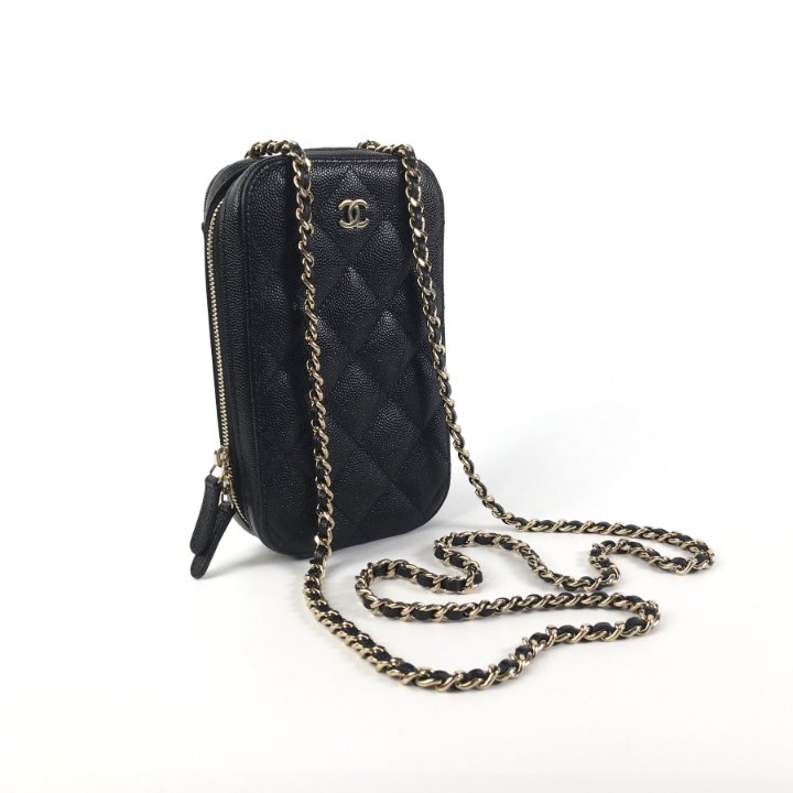 【CHANEL】small bag/phone holder with chain ghw★ブラック Chanel Phone Holder Black Caviar - Luxe Du Jour