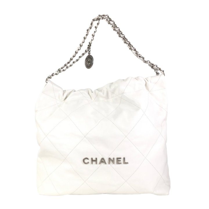 CHANEL 22 NEW IN BOX GOLD TONE CHAIN W/LEATHER THREADED