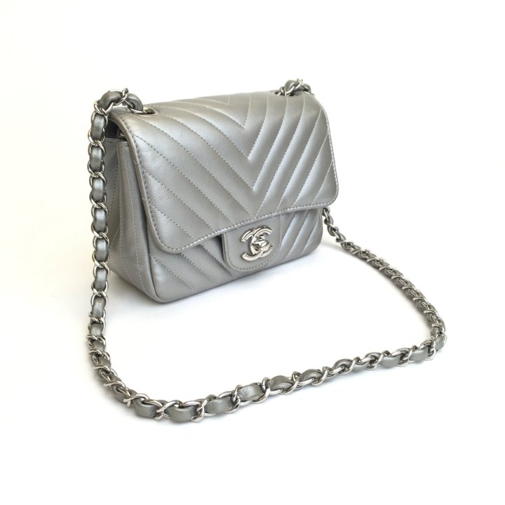 Chanel Chevron Mini Square Metallic Grey Caviar Luxe Du Jour