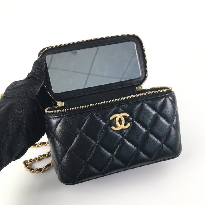 Chanel Top Handle Vanity Case w/ Chain Black Gold Handbag Luxe