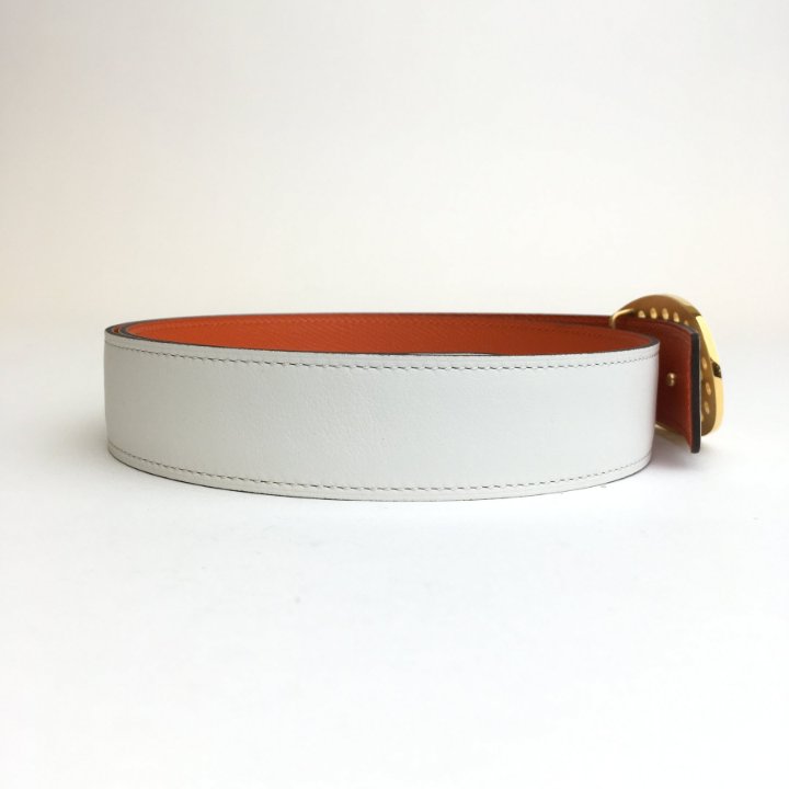 Authentic Hermès reversible Evelyne belt in Clemence leather Hermès White & Orange Evelyne Reversible Belt - size 80  main image 2