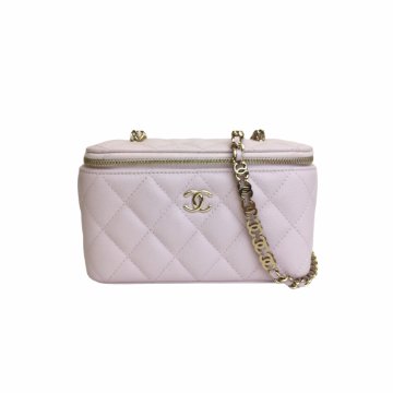 【CHANEL】Chanel Vanity Case 17cm★シャネル【ランク:A】 Chanel Beige Lambskin Metal Top Handle Vanity Case - Luxe Du