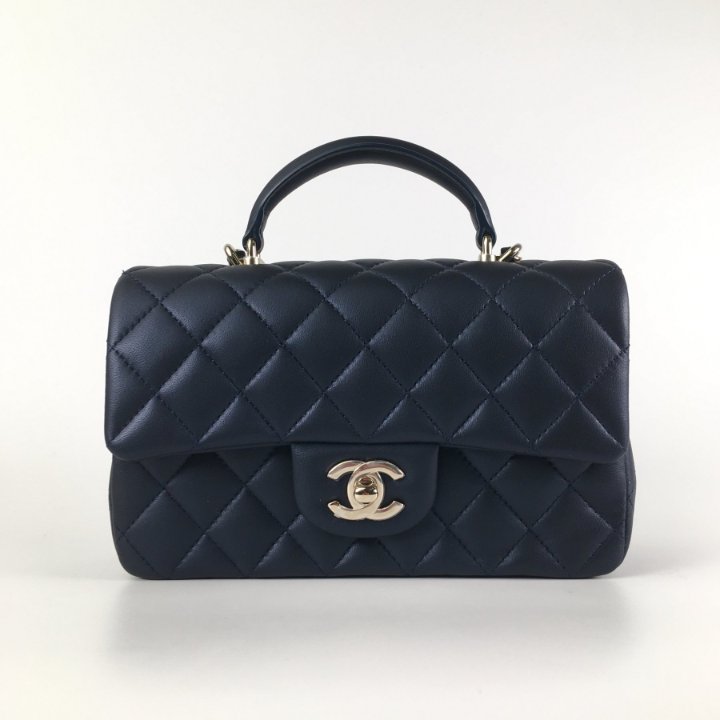 Chanel Mini Rectangle Top Handle Navy Blue Lambskin LGHW Luxe
