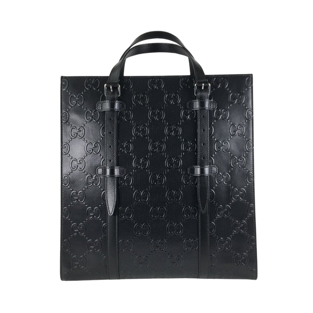 Gucci GG Embossed Vertical Tote Bag Leather Silver Black Women's
