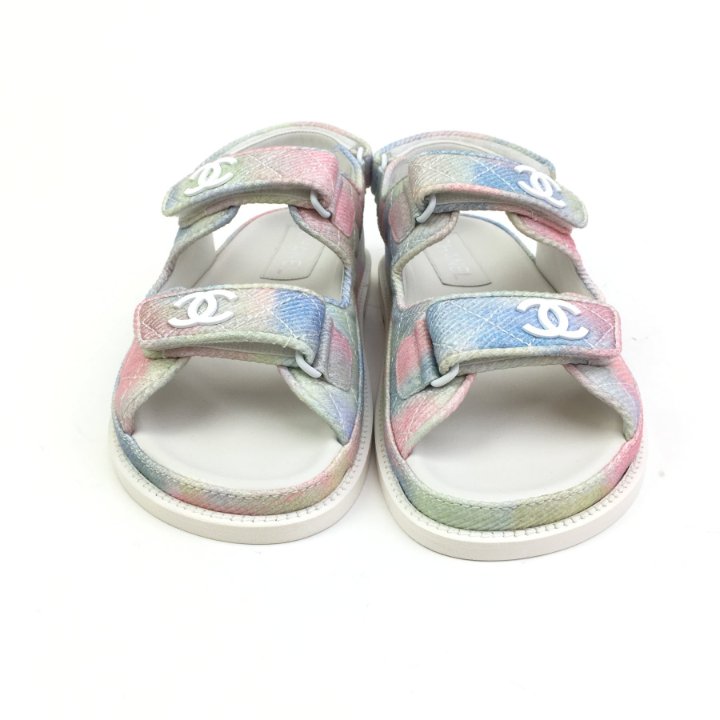 [CHANEL]★Velcro Cubic Sandals Chanel Blue Denim CC Velcro Dad Sandals Size 7.5/38