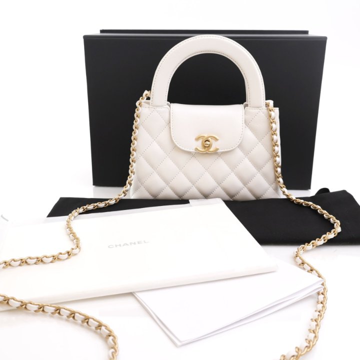 Chanel Kelly Shopping Bag Small White Calfskin Aged Gold