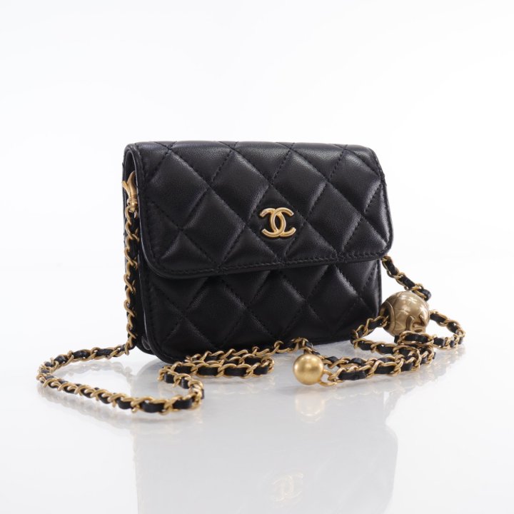 Chanel Mini Pearl Crush Cardholder On Chain Black Lambskin - Luxe