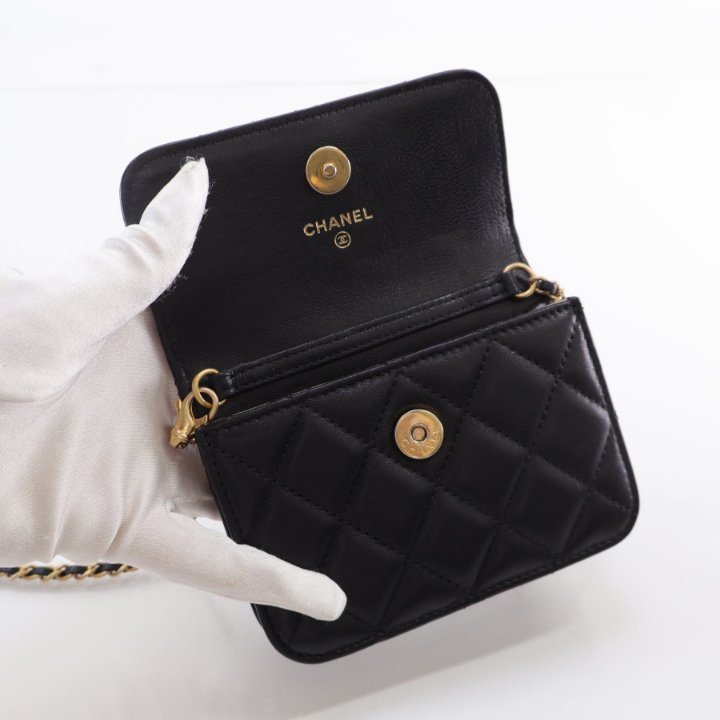 Chanel Mini Pearl Crush Cardholder On Chain Black Lambskin - Luxe