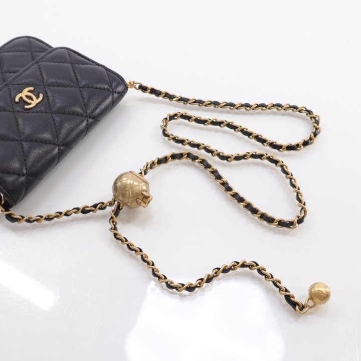 Chanel Mini Pearl Crush Cardholder On Chain Black Lambskin - Luxe