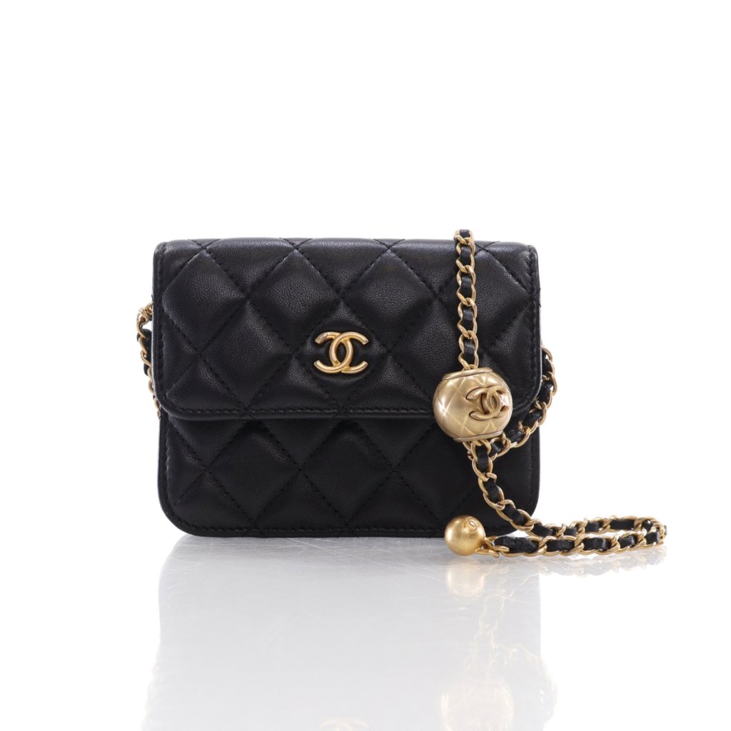 Chanel Mini Pearl Crush Cardholder On Chain Black Lambskin - Luxe