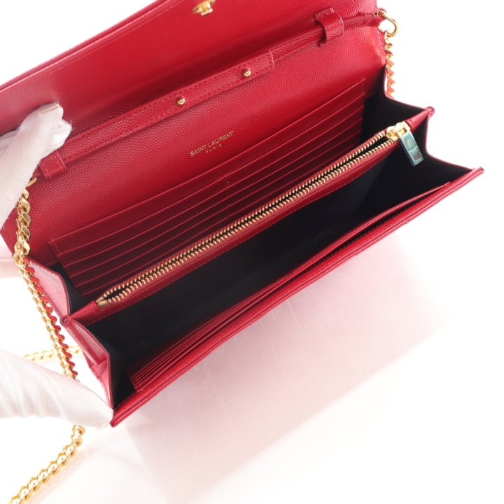 VIP【送料関税込】Saint Laurent CASSANDRE WALLET ON CHAIN Cassandre patent leather wallet on chain in burgundy - Saint