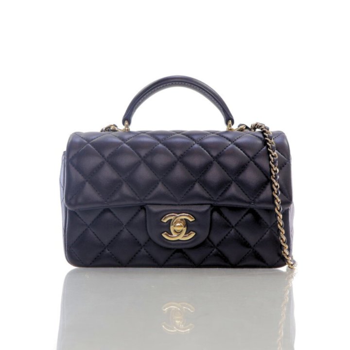 Chanel Mini Rectangle Top Handle Navy Blue Lambskin Luxe Bag Rental