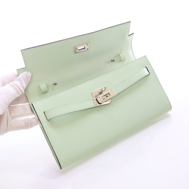 HERMES ★ KELLY TO GO ストラップウォレット Kelly Wallet To Go Vert Fizz Epsom Palladium Plated B Stamp