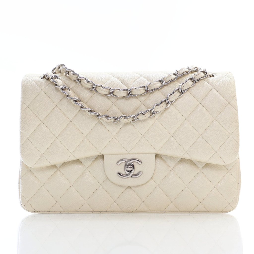Chanel Classic Flap Jumbo Iridescent White Caviar - Luxe Du Jour