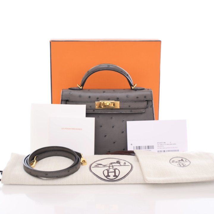 Hermes Mini Kelly 20 Graphite Ostrich Luxe Du Jour