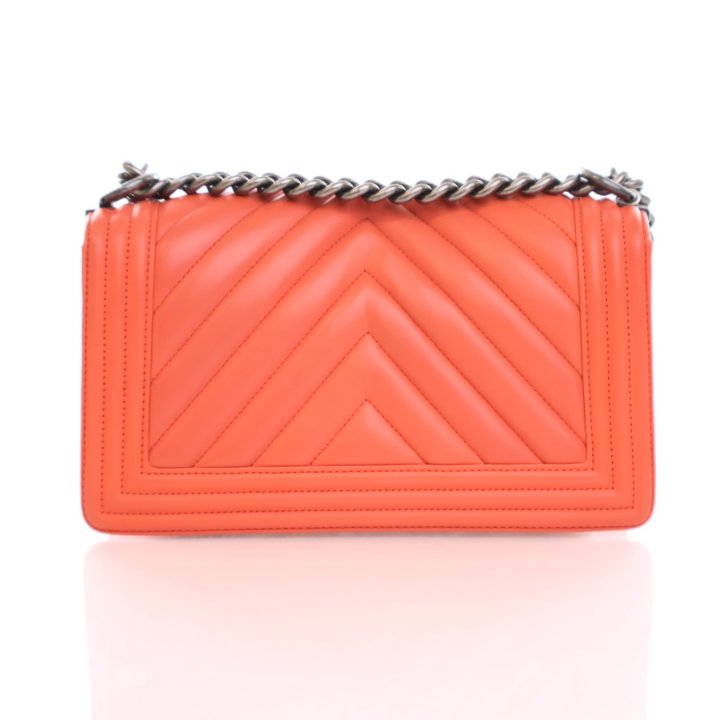 Chanel Medium Orange Lambskin Chevron Boy Bag Luxe Du Jour