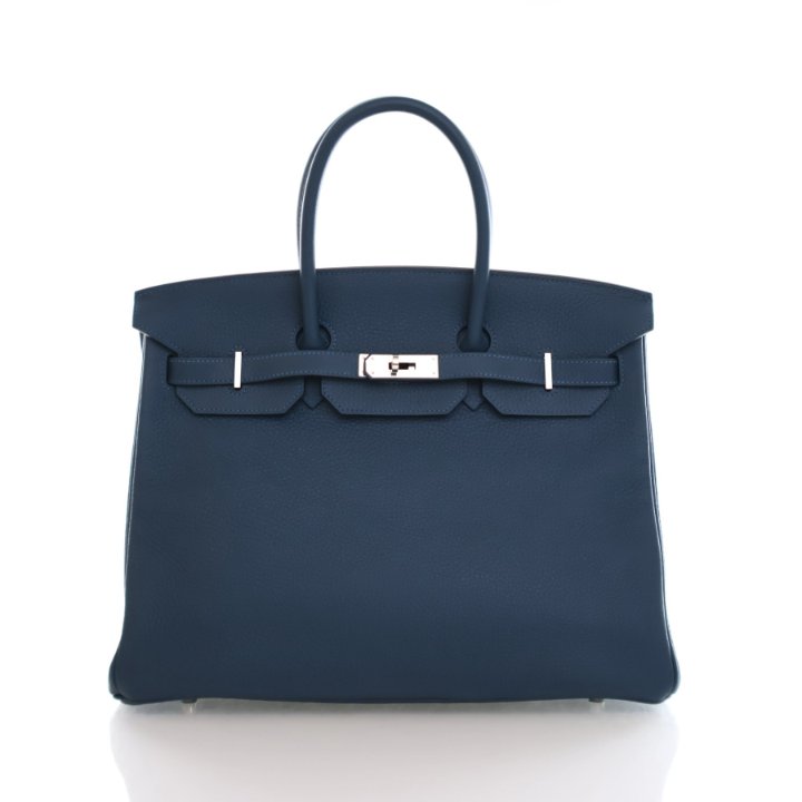 Hermes Birkin 35 Colvert Togo Blue Silver Handbag Luxe Bag Rental
