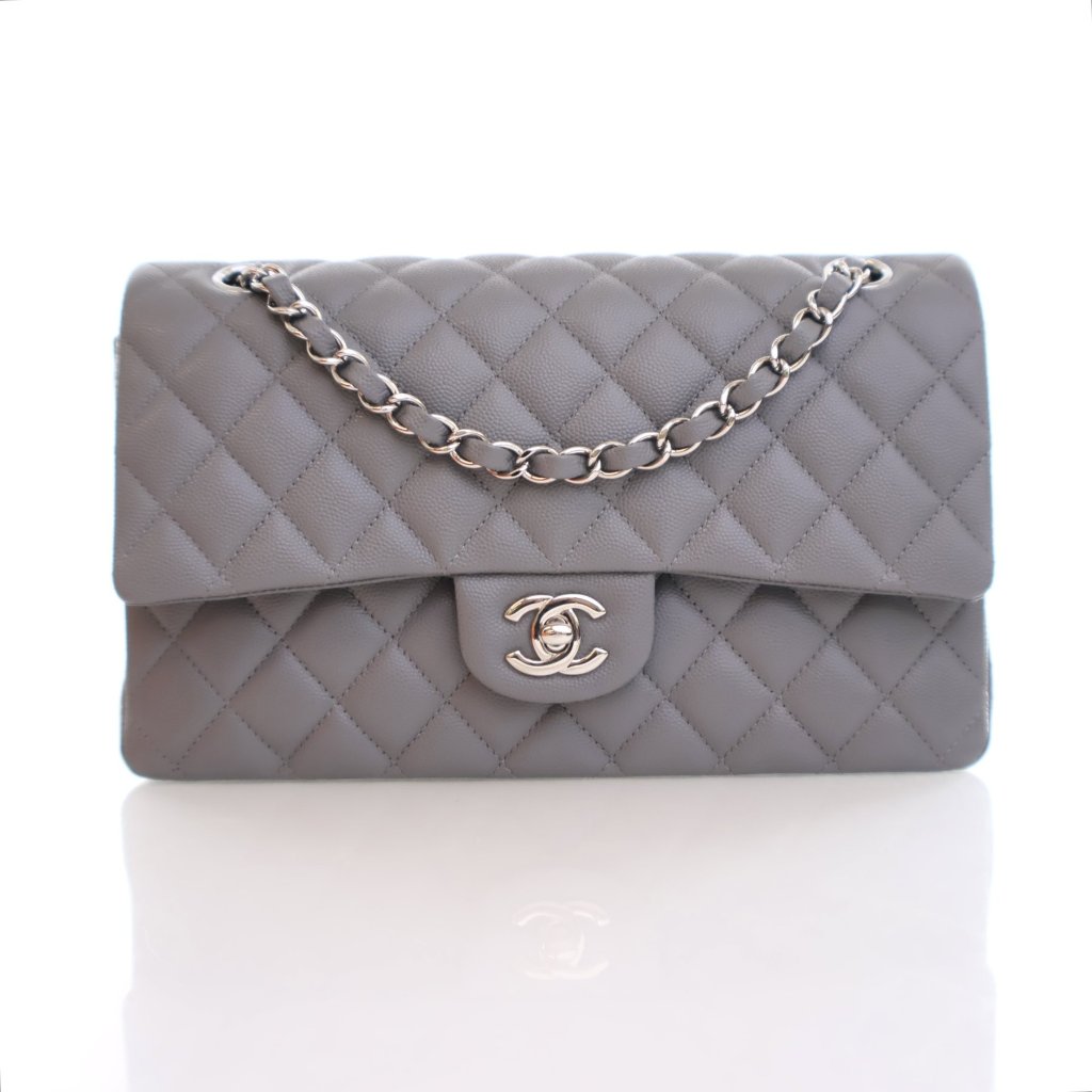 Chanel Classic Flap Medium 17B Grey Caviar Silver Handbag - Luxe