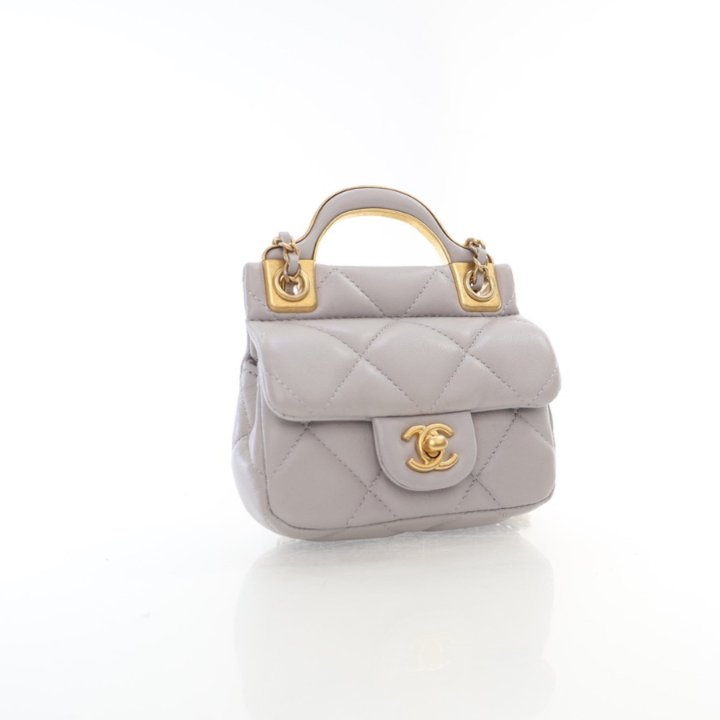Chanel Lady Handle Flap Card Holder w/ Chain Grey Calfskin