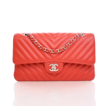 Chanel Medium Red Caviar Chevron Classic Double Flap Bag