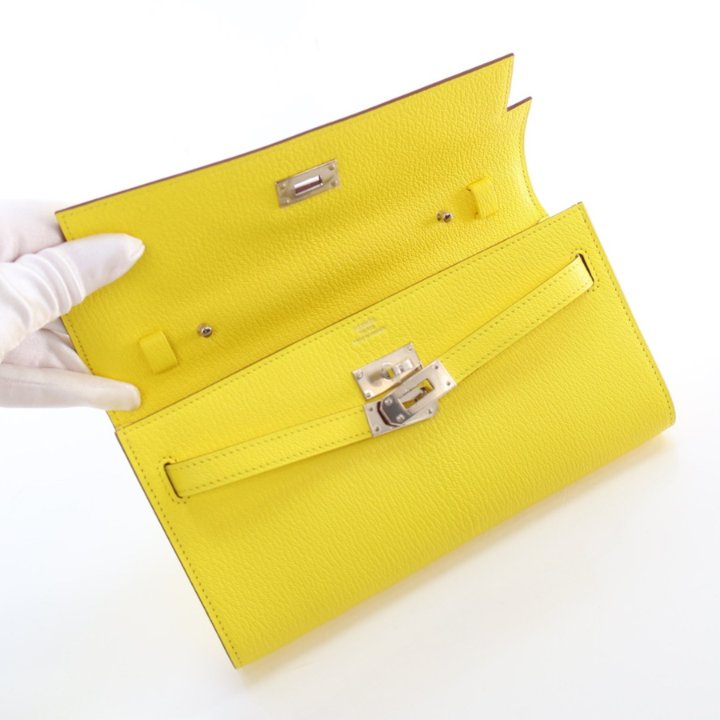 Hermes Jaune Citron Chevre Mysore Kelly To Go Wallet - Luxe
