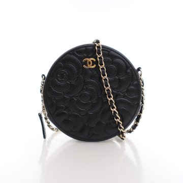 Chanel Camellia Embossed Round Clutch With Chain Black Caviar Luxe Bag Rental