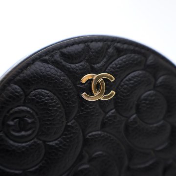 Chanel Camellia Embossed Round Clutch With Chain Black Caviar