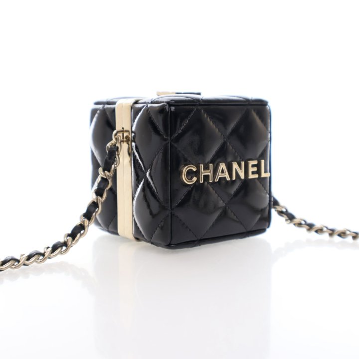 Chanel Black Patent Cube Clutch On Chain - Luxe Du Jour