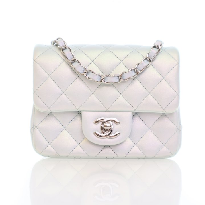 Chanel Mini Iridescent Silver Lambskin Square Classic Flap Bag