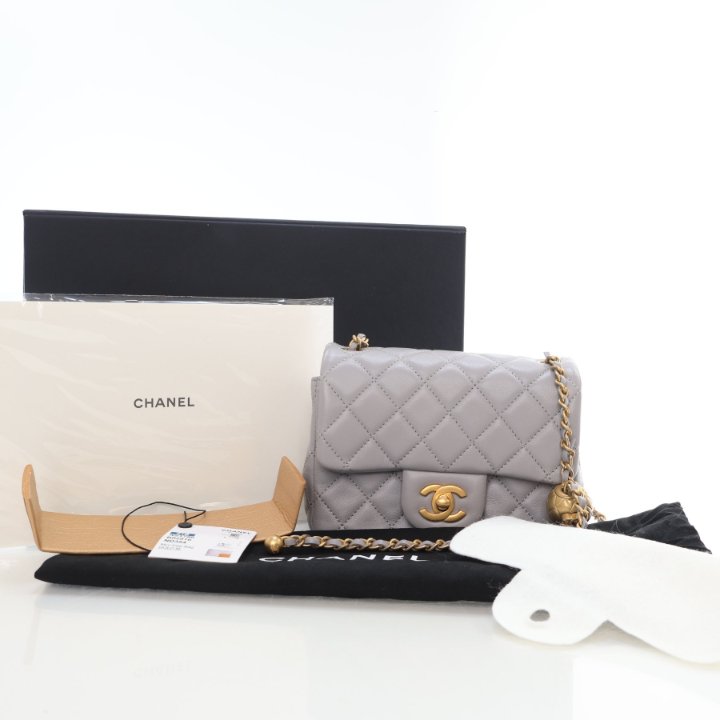 Chanel Mini Grey Lambskin Square Pearl Crush Flap Bag - Luxe
