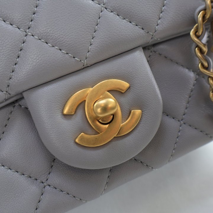 Chanel Mini Grey Lambskin Square Pearl Crush Flap Bag - Luxe Du Jour