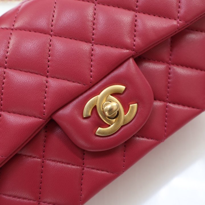 Chanel Mini Raspberry Lambskin Rectangular Top Handle Classic Flap