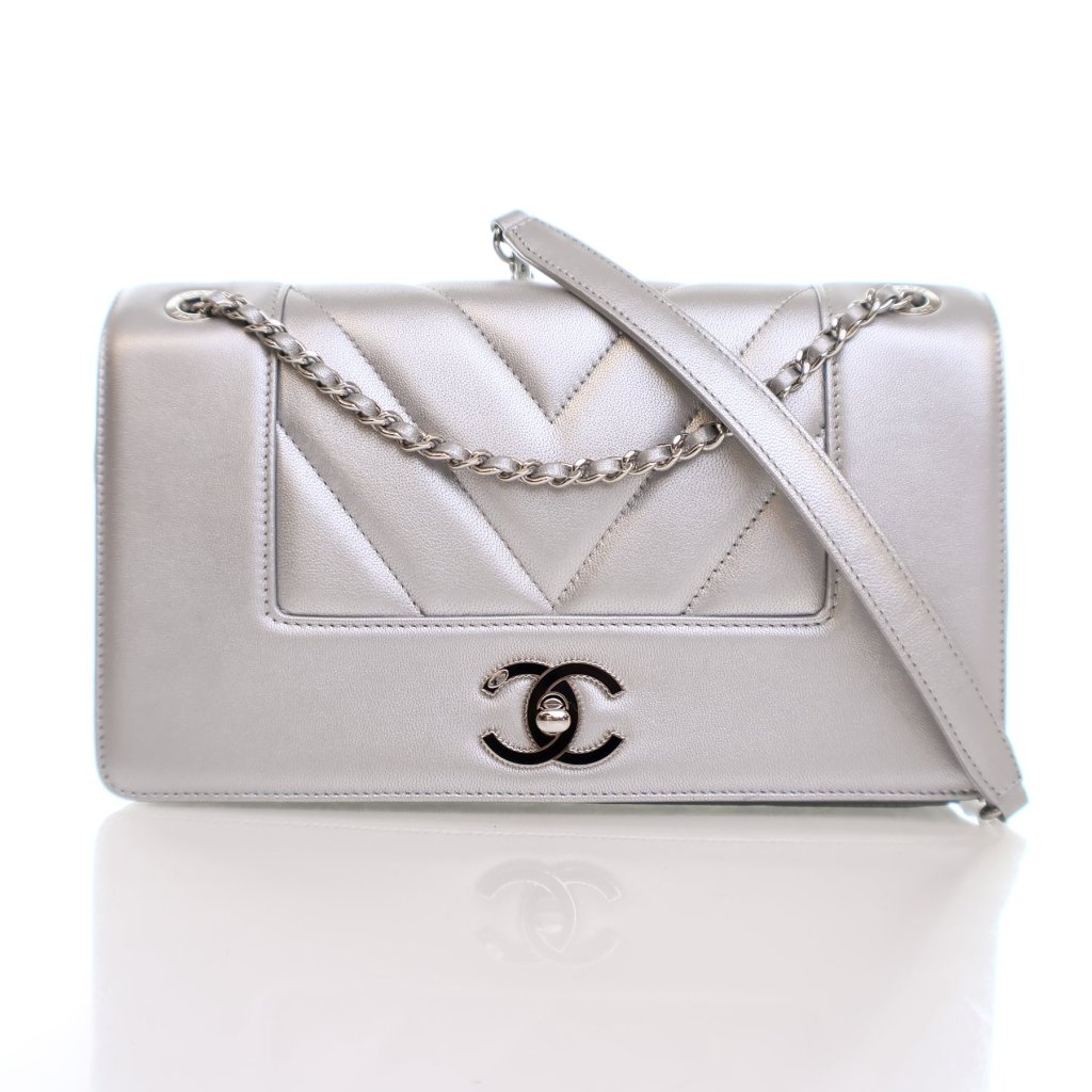 Chanel Mademoiselle Chevron Silver Calfskin - Luxe Bag Rental