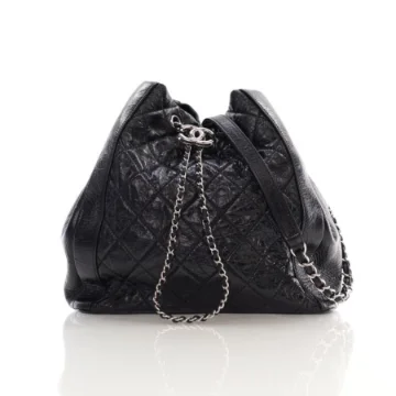 Chanel Black Shiny Calfskin CC Drawstring Bucket Bag