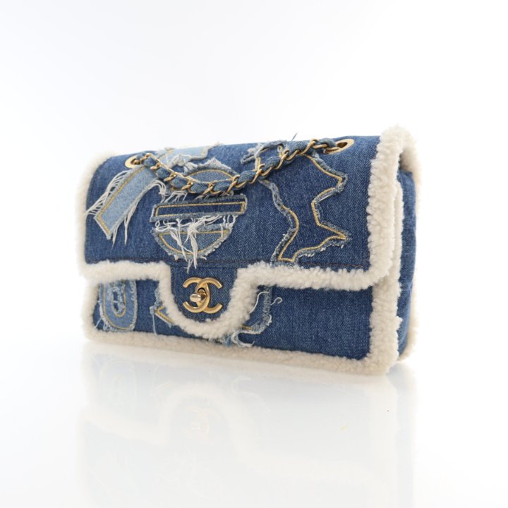 Chanel Medium Denim Shearling Egyptian Hieroglyph Classic Single