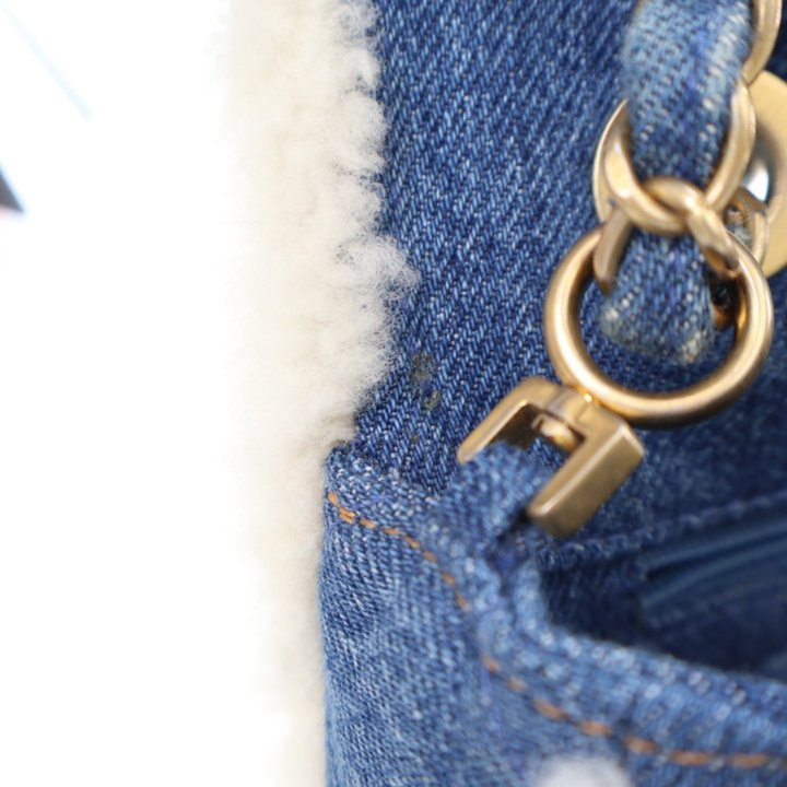 Chanel Medium Denim Shearling Egyptian Hieroglyph Classic Single