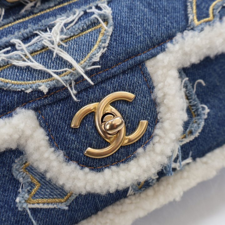 Chanel Medium Denim Shearling Egyptian Hieroglyph Classic Single