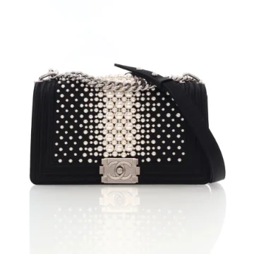 Chanel Old Medium Black Satin Embellished Boy Bag