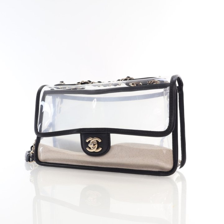 CHANEL クリア バッグ pvc Chanel Classic Runway Coco Sand PVC Flap Bag Shiny Pale Gold Chain