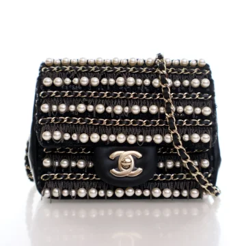 Chanel Mini Black Lambskin Pearl And Chains Flap Bag