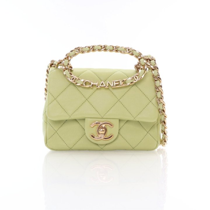 Chanel Mini Green Lambskin Square Metal Top Handle Classic Flap