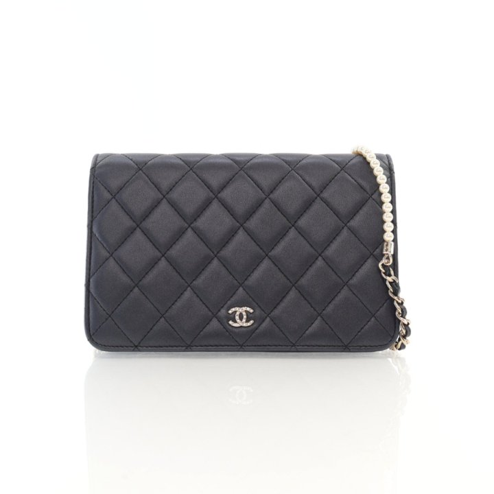 Chanel Grey Metallic Lambskin Limited Pearl Strap Wallet On