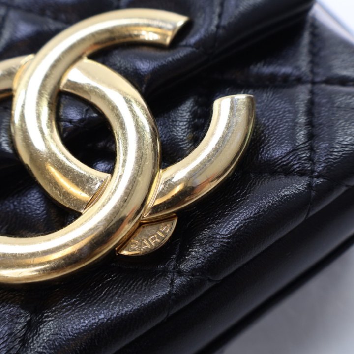 Chanel Black Shiny Calfskin Large Logo Shoulder Bag - Luxe