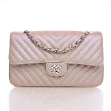 Chanel Medium Pink Iridescent Caviar Chevron Classic Double Flap Bag