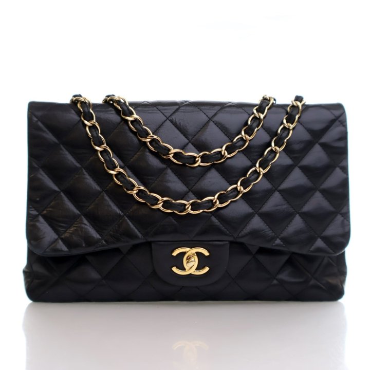 Chanel Vintage Jumbo Black Lambskin Classic Single Flap Bag