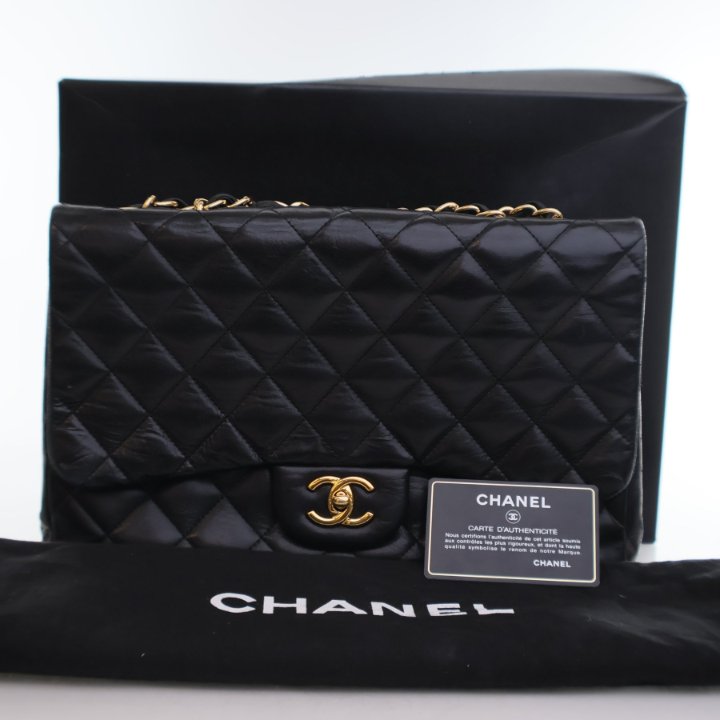 Chanel Vintage Jumbo Black Lambskin Classic Single Flap Bag