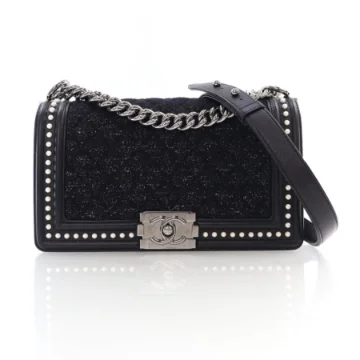 Chanel Medium Black Tweed Pearl Embellished Boy Bag