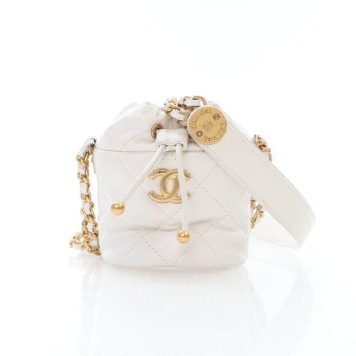 Chanel Mini White Caviar Twist Your Buttons Bucket Bag With Chain