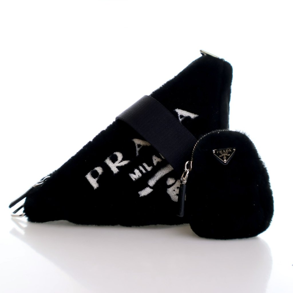 PRADA*Triangular shearling and Saffiano leatherポーチ*送込 Prada Shearling Triangle Crossbody Bag - Luxe Du Jour